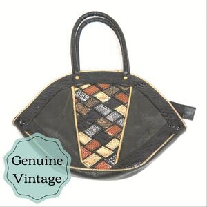 Vintage 80's HandbagPurse - Faux Leather Basketweave - Black Gold Copper 1980's 
